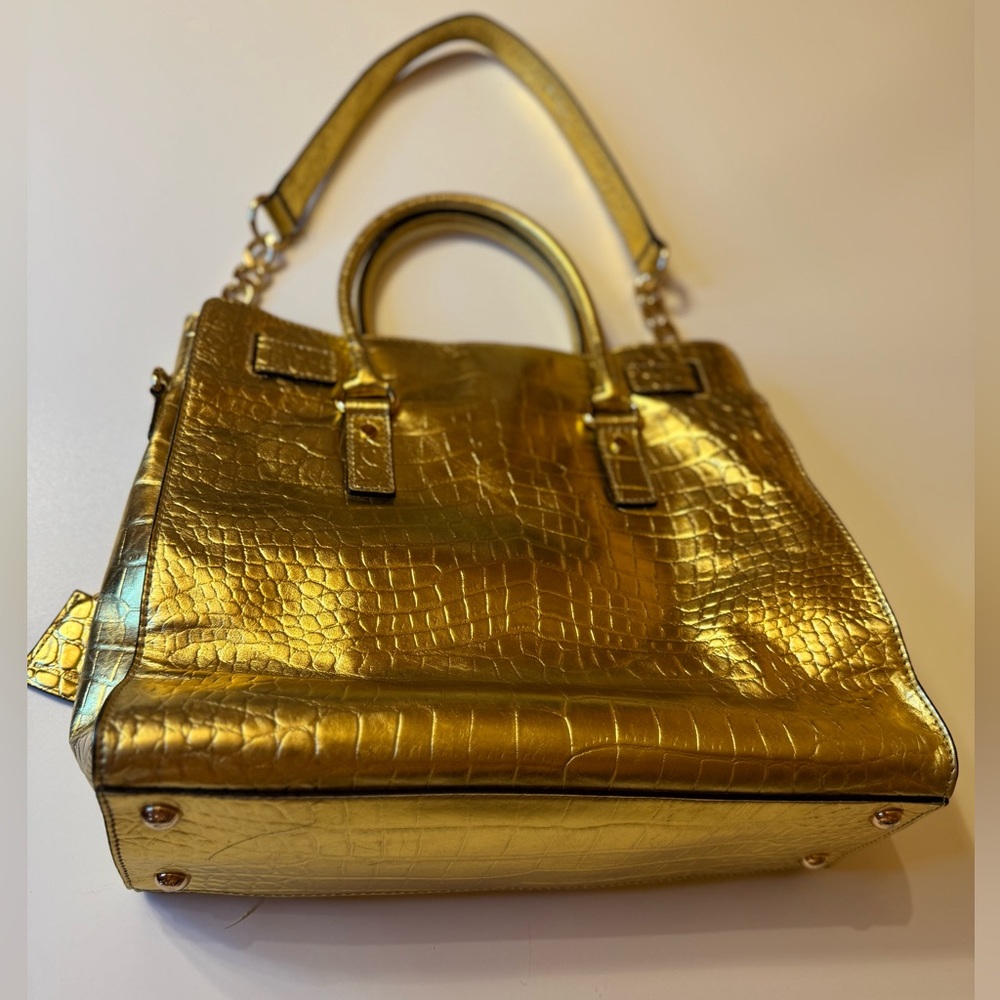 Elegant Michael Kors Hamilton Croc Gold Embossed Shoulder Bag Satchel - NEW